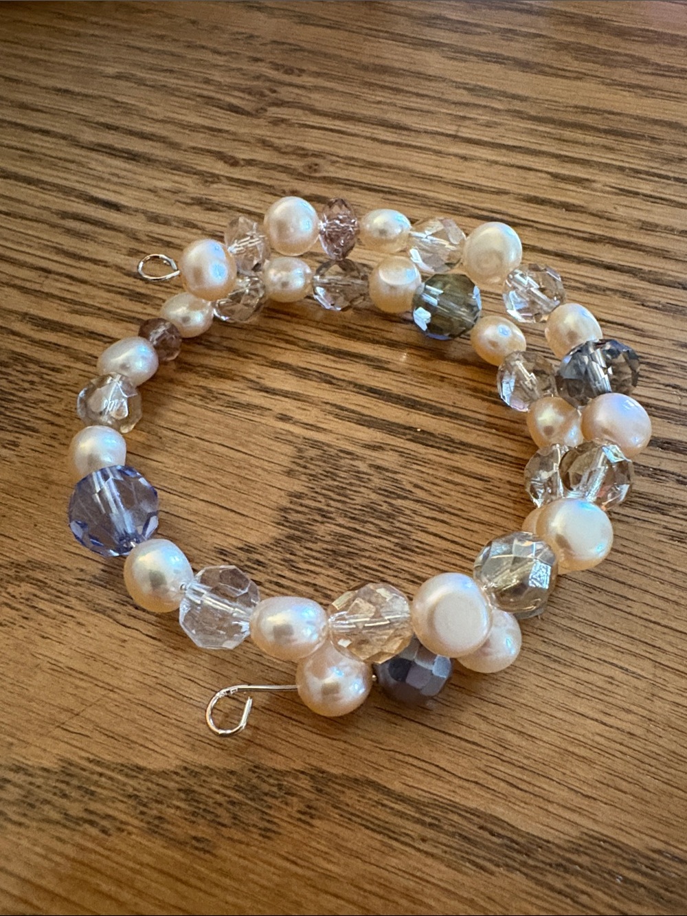 Hand Crafted Real Pearl and Beaded Silver Plated Memory Wire Bracelet
